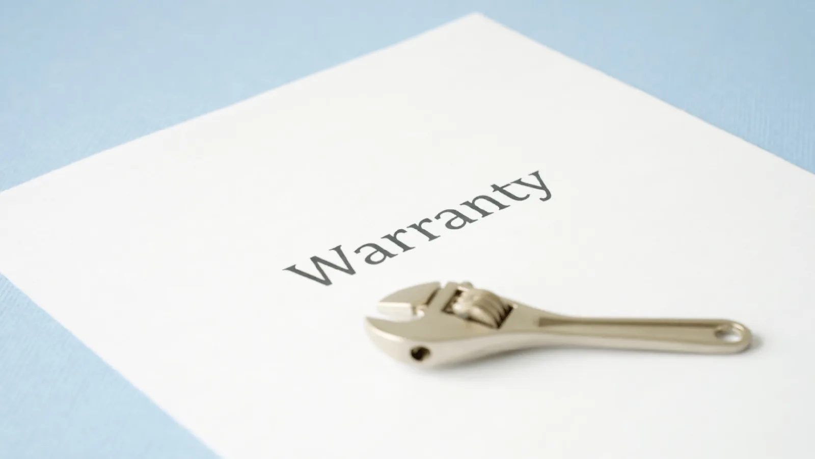 Warranty document with a wrench, symbolizing HVAC warranty protection and maintenance.