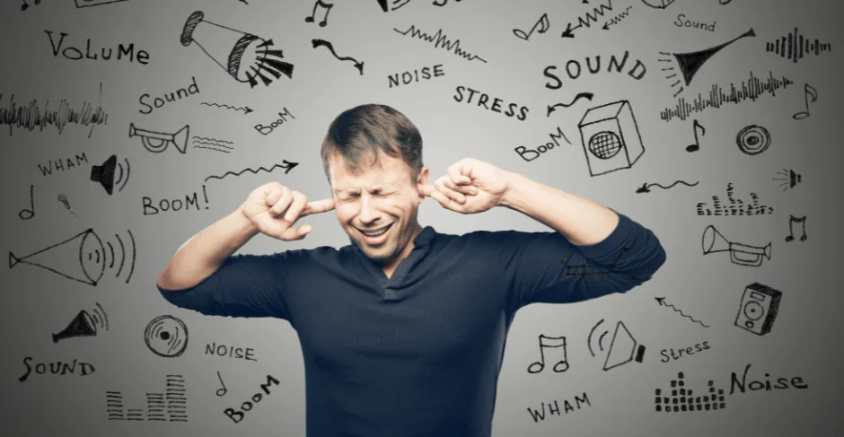Man covering ears with a distressed expression, surrounded by illustrations of sound-related terms like
