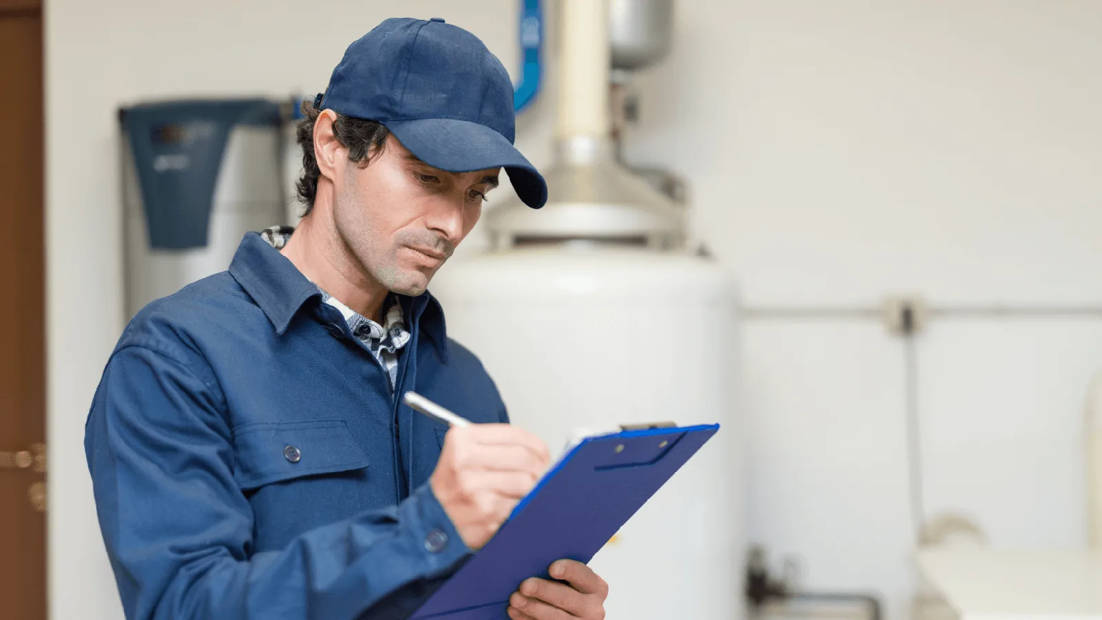 HVAC technician inspecting and documenting maintenance tasks, emphasizing the importance of regular HVAC inspections for home heating systems.