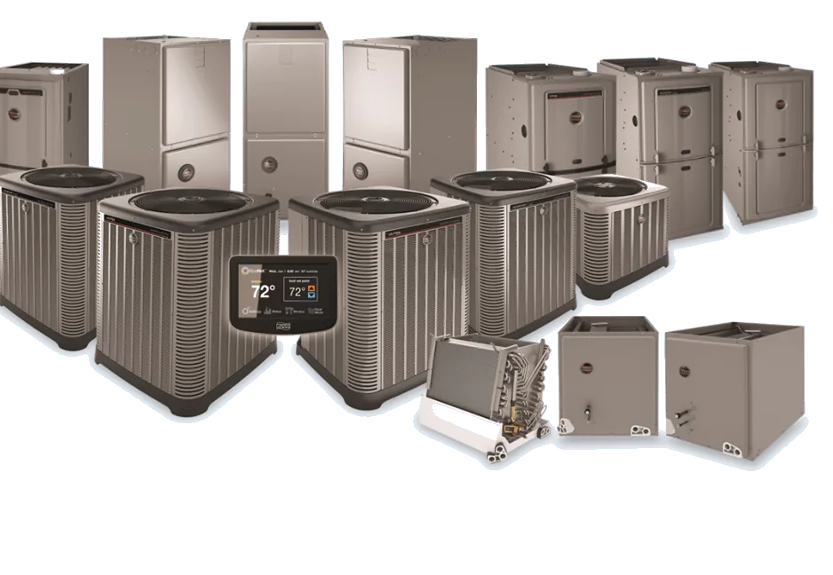HVAC equipment display featuring various heating and cooling units
