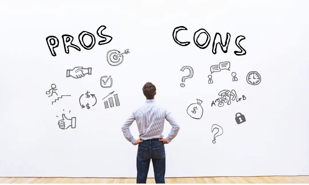 Person standing in front of a wall divided into "PROS" and "CONS" sections, featuring icons