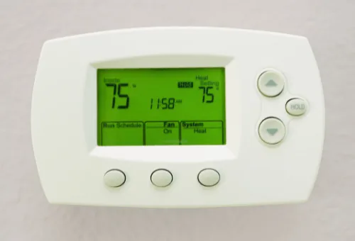 Programmable thermostat display showing indoor temperature at 75°F and heat setting at 75°F, illustrating energy