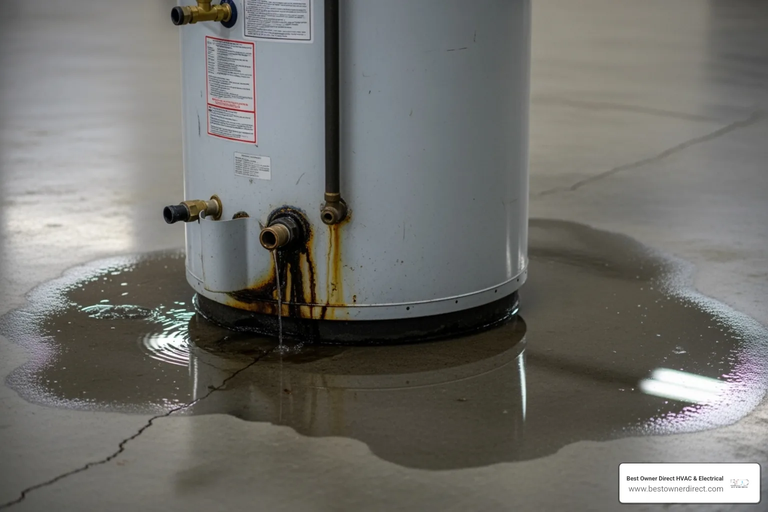 leaking water heater tank with water pooling on the floor - emergency water heater service in Tigard, OR