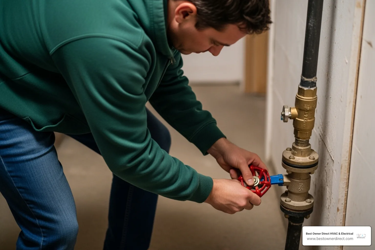 homeowner shutting off the main water valve to their house - emergency water heater service in Tigard, OR