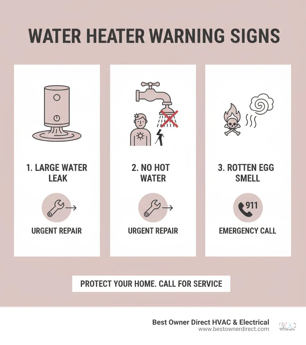 Infographic showing three critical water heater failure signs