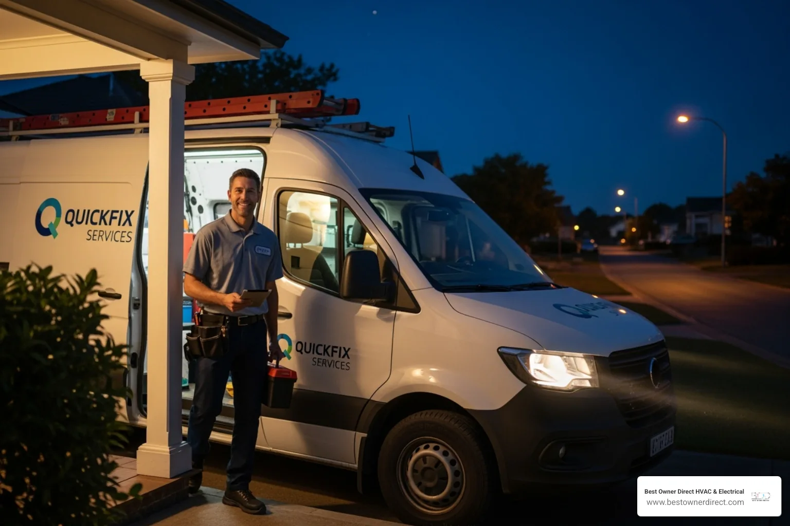 friendly technician arriving in a service van at night - emergency water heater service in Tigard, OR