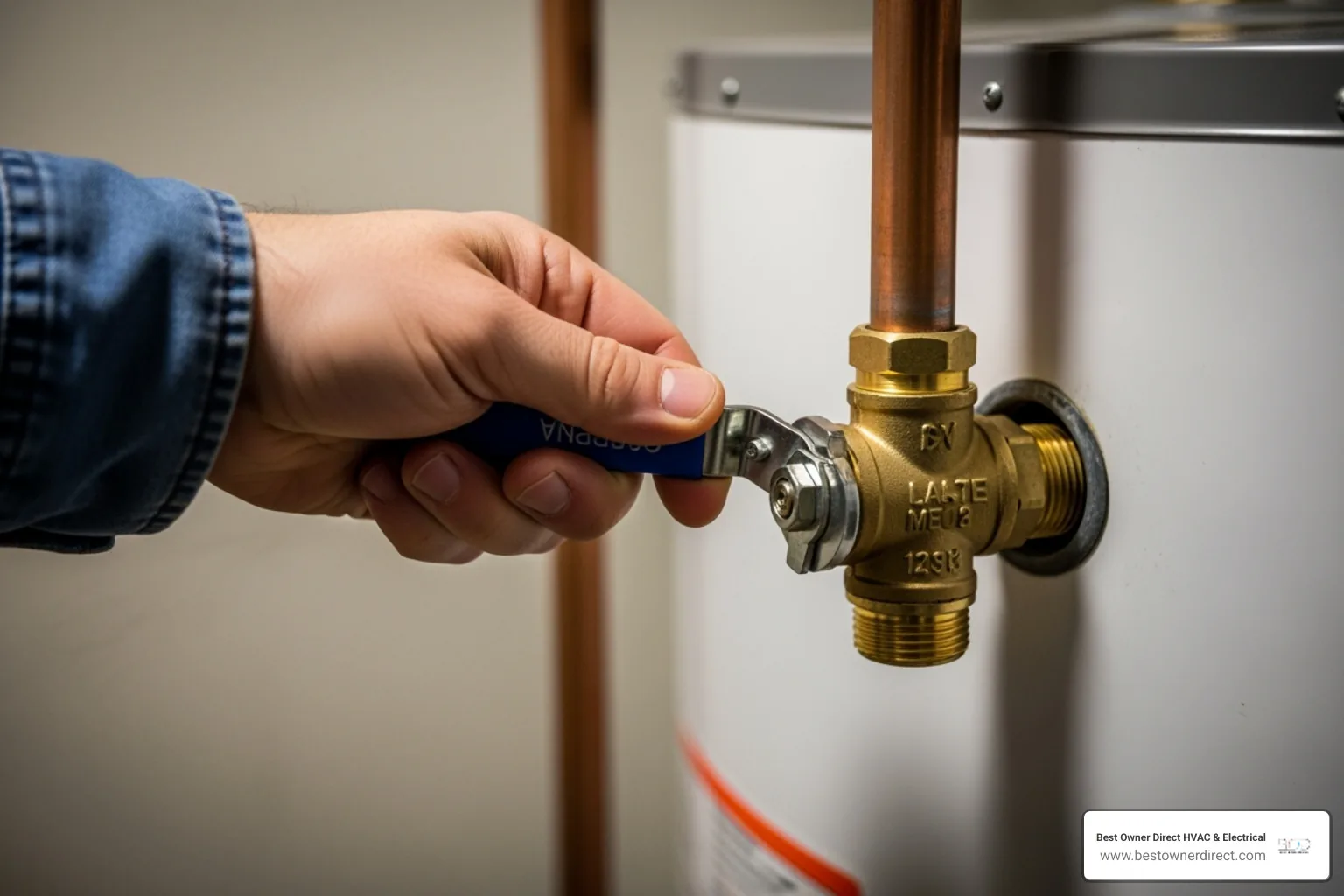 A hand turning a water heater shut-off valve - water heaters emergency repair in northwest heights portland or A hand turning a water heater shut-off valve - water heaters emergency repair in northwest heights portland or