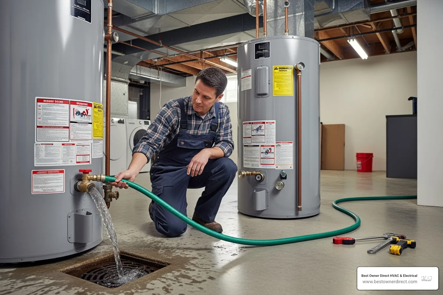 A homeowner flushing their water heater tank - water heaters emergency repair in northwest heights portland or A homeowner flushing their water heater tank - water heaters emergency repair in northwest heights portland or