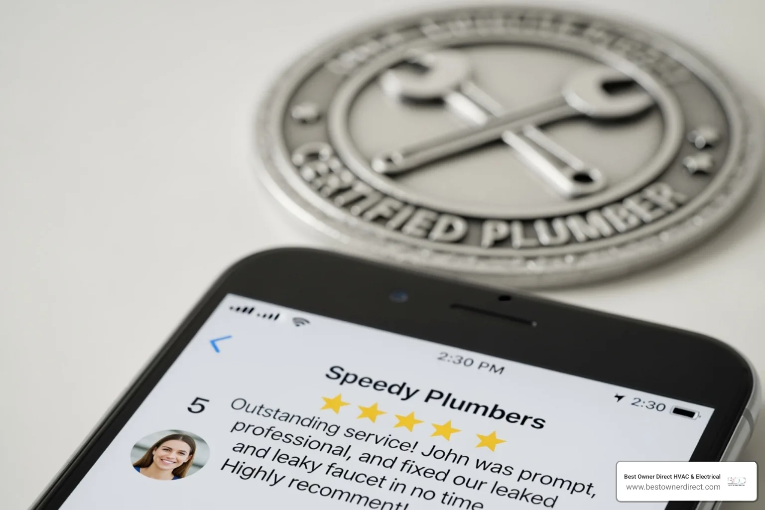 A certified plumber's badge and a 5-star review on a phone - water heaters emergency repair in northwest heights portland or A certified plumber's badge and a 5-star review on a phone - water heaters emergency repair in northwest heights portland or