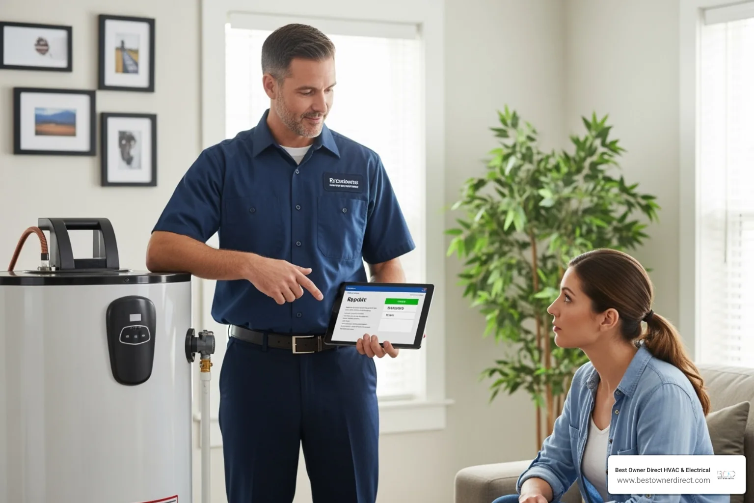 A technician providing an upfront quote to a homeowner - water heaters emergency repair in northwest heights portland or A technician providing an upfront quote to a homeowner - water heaters emergency repair in northwest heights portland or
