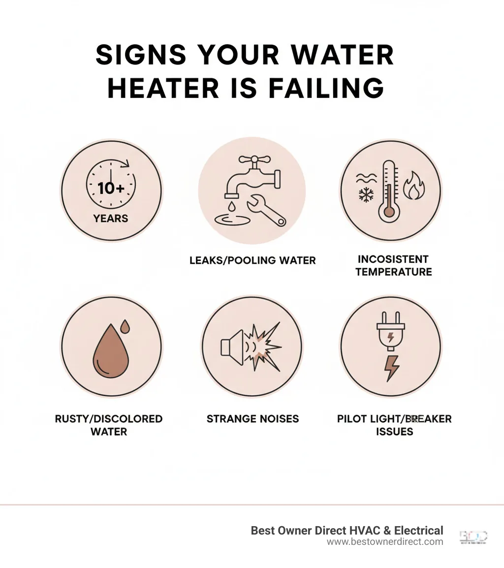 Infographic showing key signs a water heater is failing