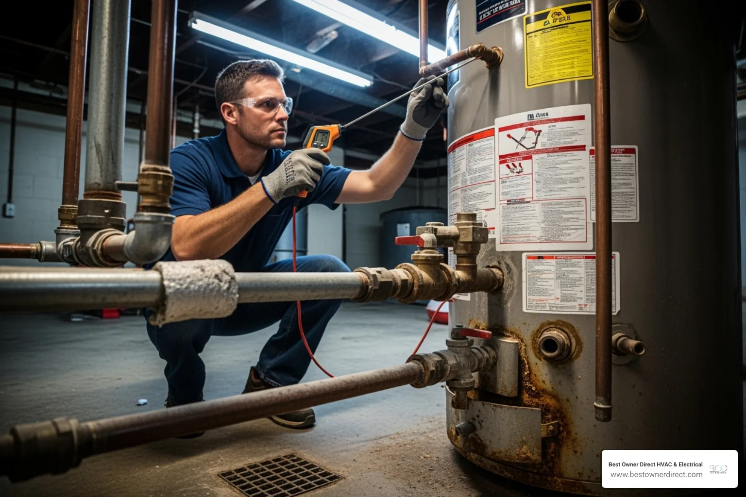 technician inspecting an older water heater - water heaters best company in bull mountain tigard or technician inspecting an older water heater - water heaters best company in bull mountain tigard or