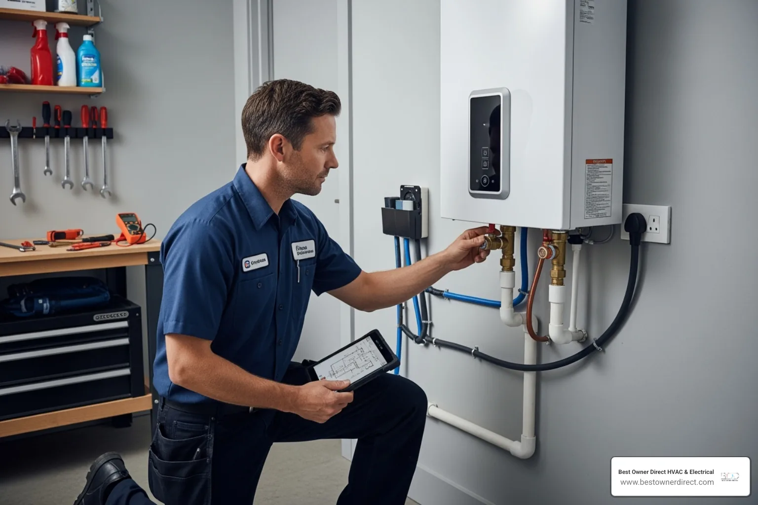 Technician inspecting tankless water heater - emergency water heater service in Portland, OR