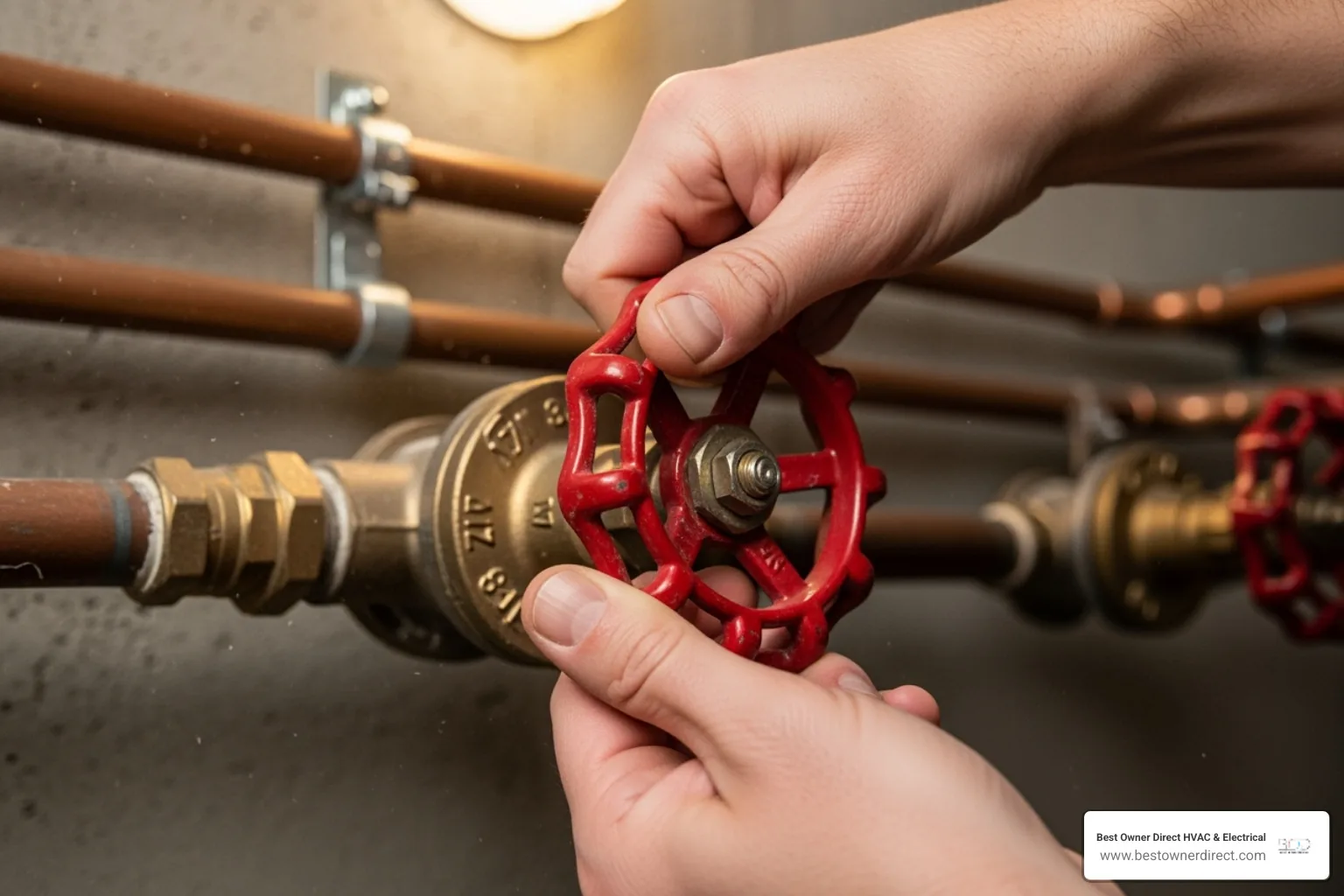 homeowner turning water valve - emergency water heater service in Portland, OR