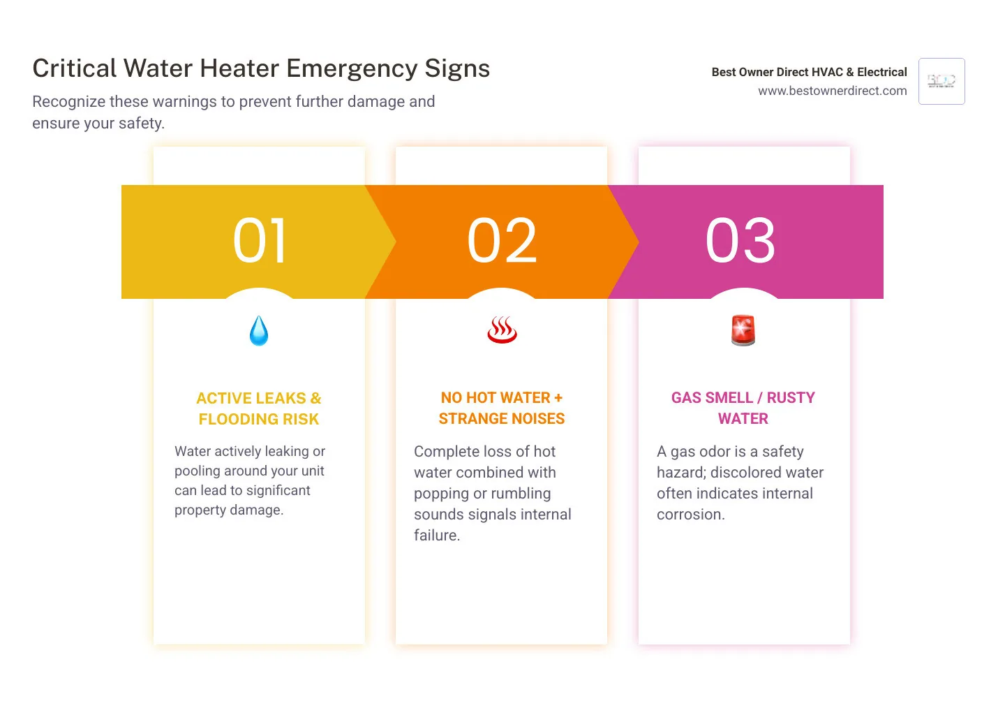Infographic showing three critical water heater emergency signs