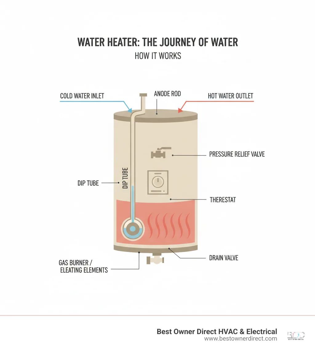 Infographic showing the journey of water through a water heater system