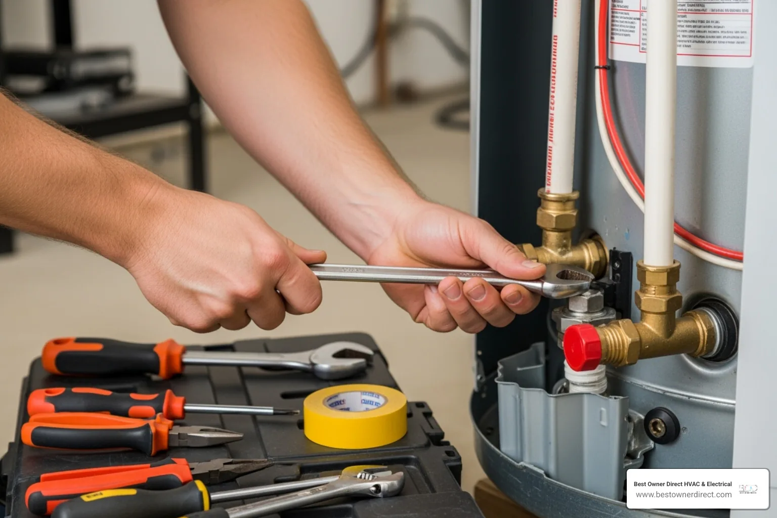 Technician's hands working on a water heater with tools - water heaters repair in arlington heights portland or Technician's hands working on a water heater with tools - water heaters repair in arlington heights portland or