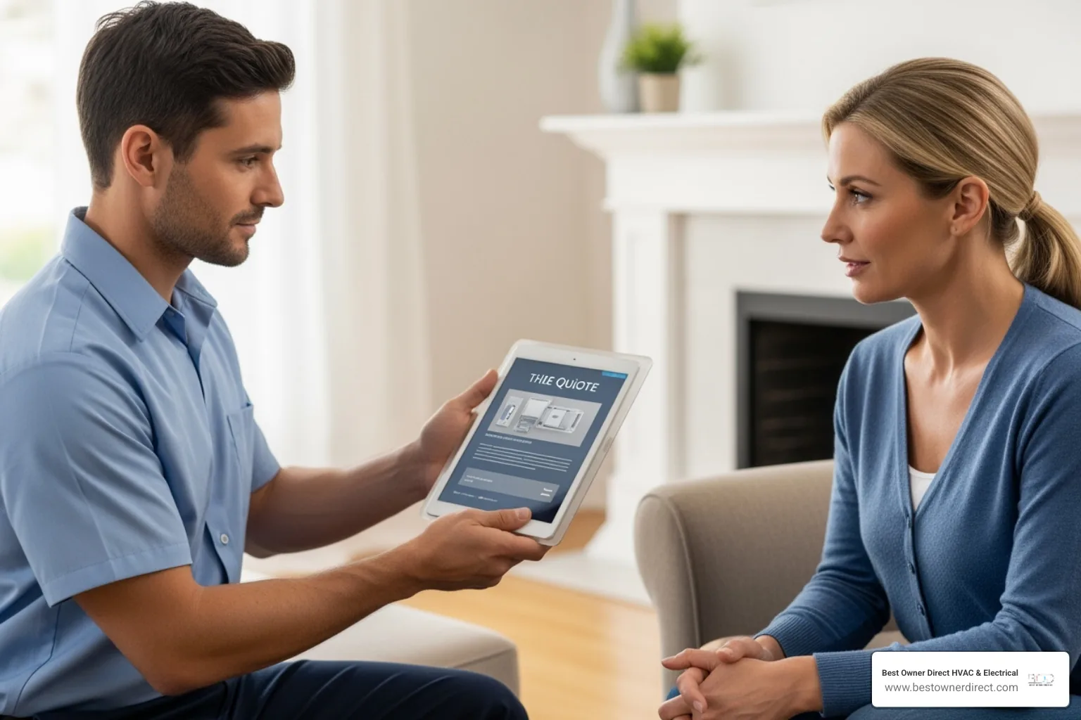 a technician providing a transparent quote to a homeowner on a tablet - emergency water heater service in Oswego Lake Lake Oswego, OR a technician providing a transparent quote to a homeowner on a tablet - emergency water heater service in Oswego Lake Lake Oswego, OR