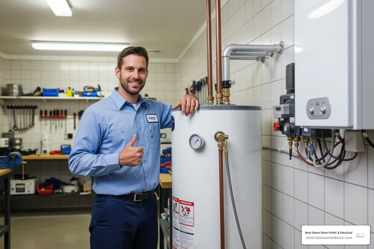friendly technician smiling and giving a thumbs up in a customer's clean utility room after successfully fixing a