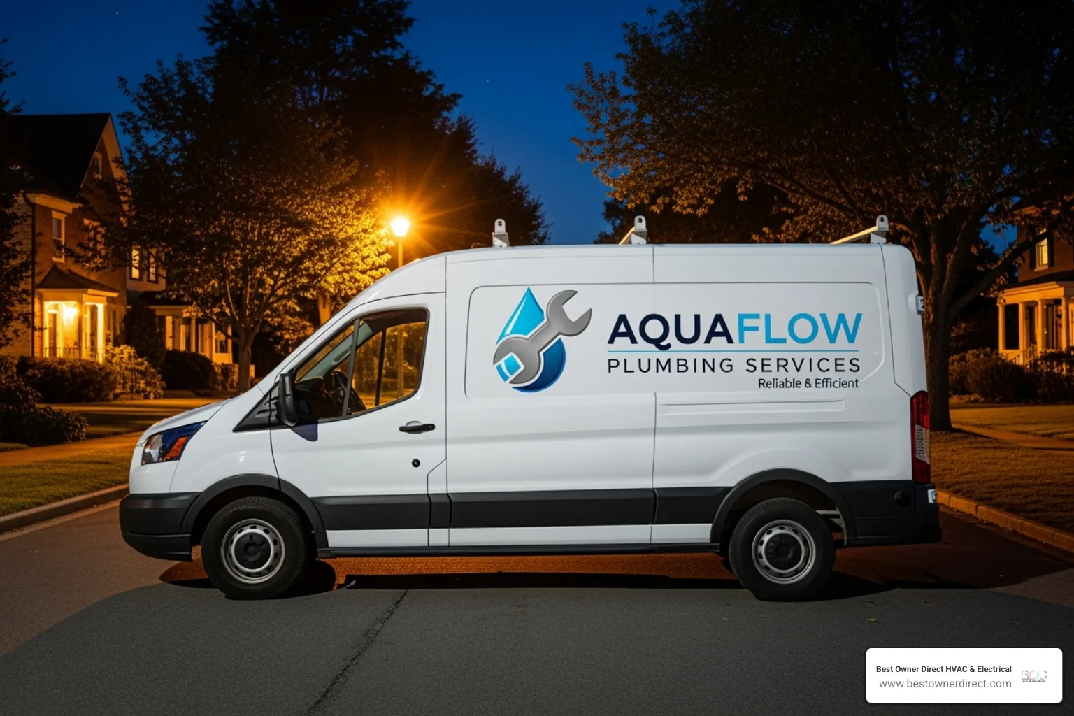 a friendly plumber's service van at night - emergency water heater service in North Plains, OR