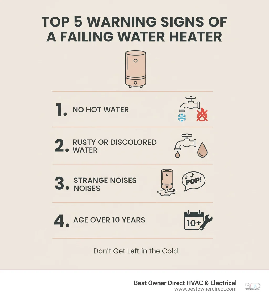 Infographic showing the top 5 warning signs of a failing water heater
