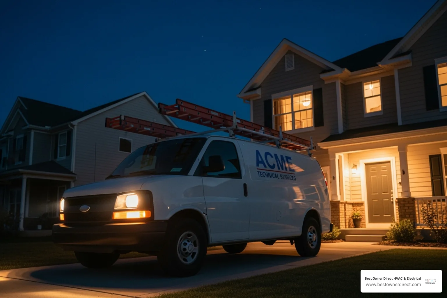 technician's van arriving at a home at night - emergency water heater service in Forest Highlands Lake Oswego, OR technician's van arriving at a home at night - emergency water heater service in Forest Highlands Lake Oswego, OR