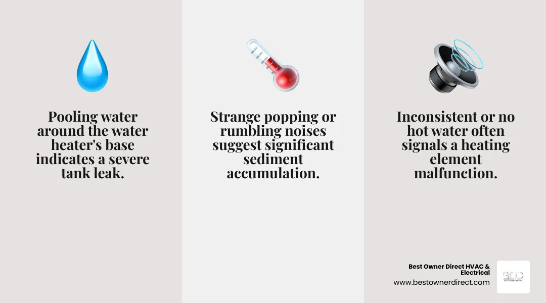 Infographic showing three critical warning signs of water heater failure