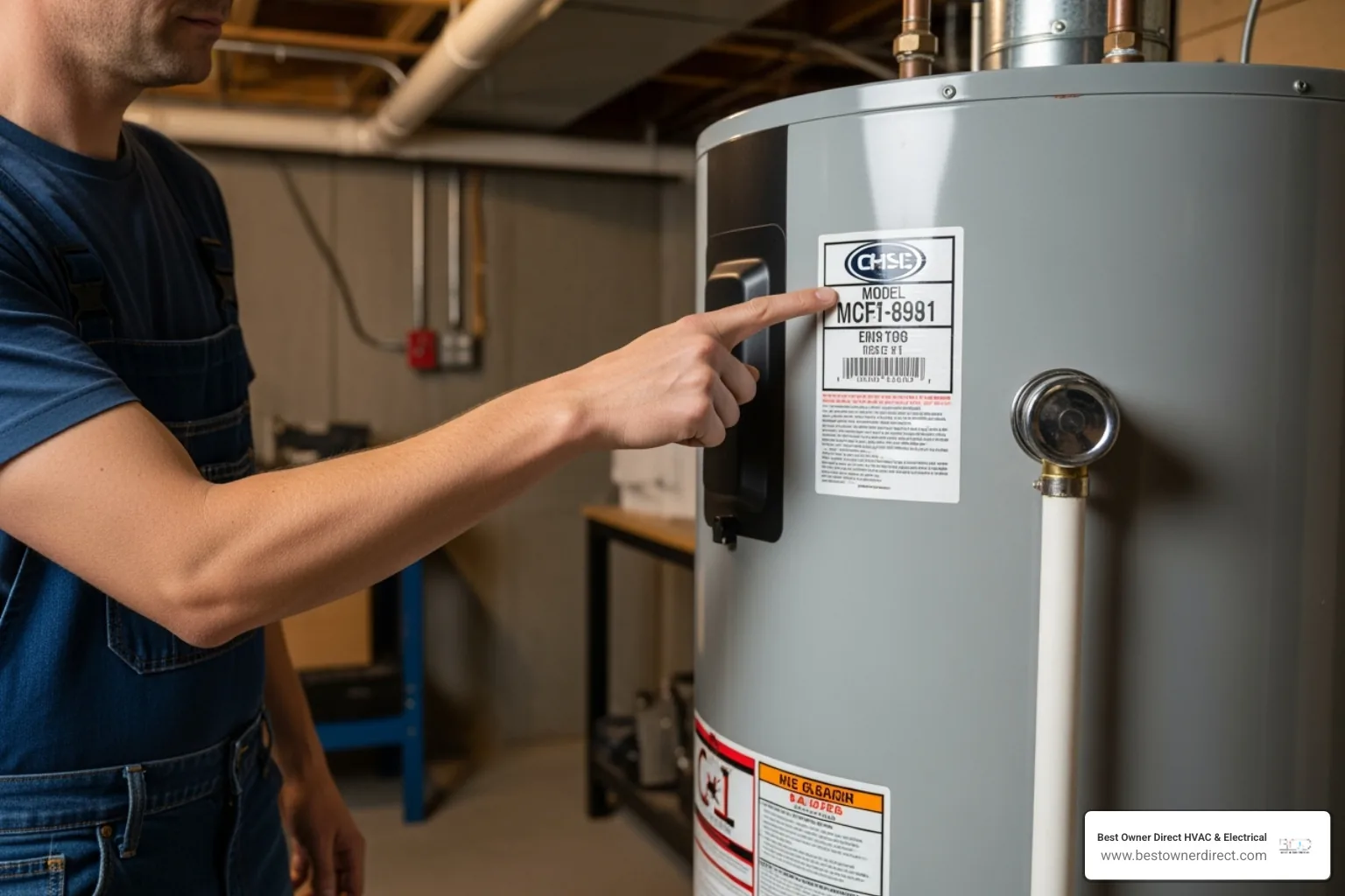 homeowner pointing to their water heater's model number sticker - emergency water heater service in Forest Highlands Lake Oswego, OR homeowner pointing to their water heater's model number sticker - emergency water heater service in Forest Highlands Lake Oswego, OR