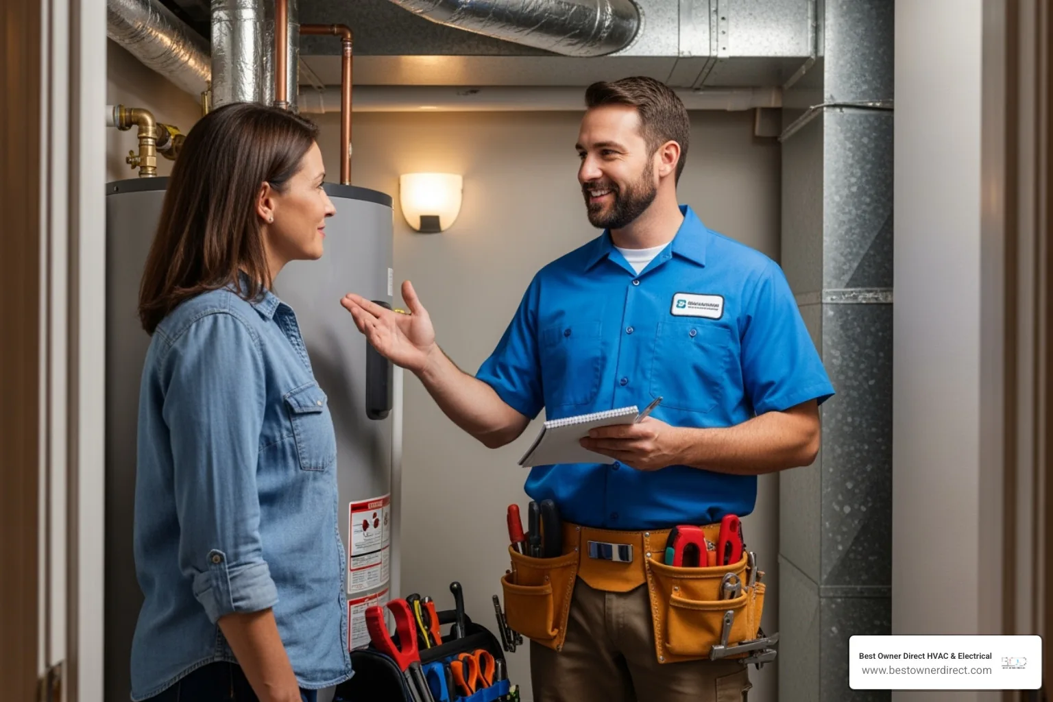 friendly, professional plumber talking to a homeowner - emergency water heater service in Lake Oswego, OR