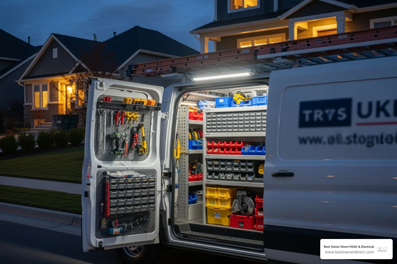 fully-stocked service van at night - emergency water heater service in Lake Oswego, OR