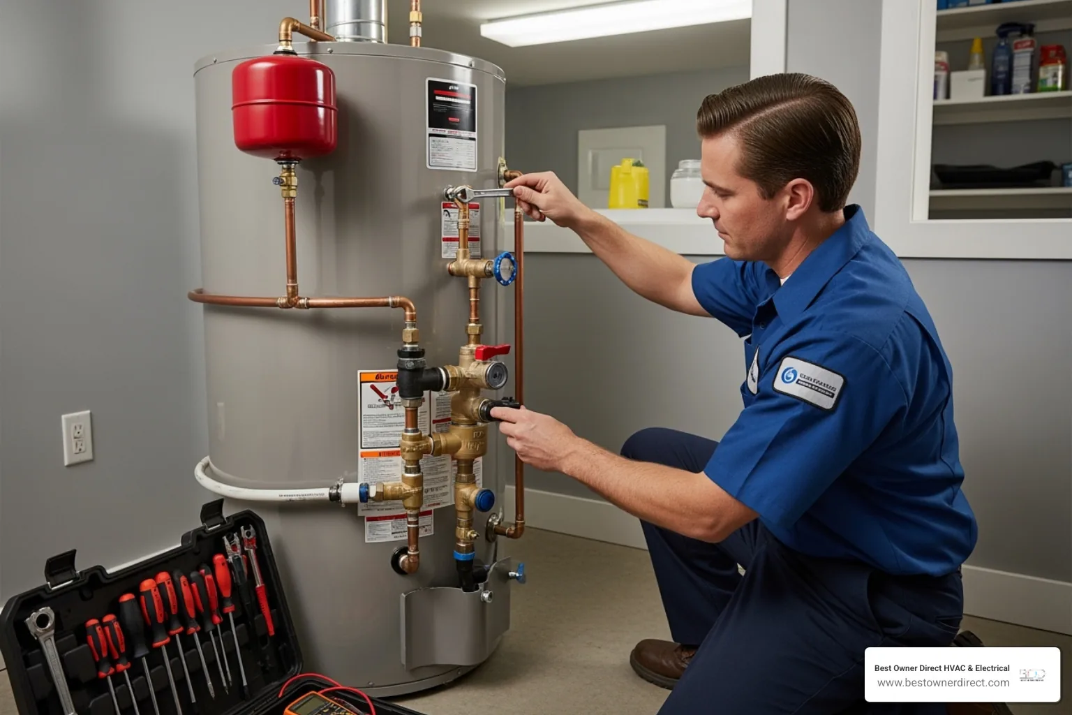 Technician performing annual maintenance on a water heater - emergency water heater service in Reedville Hillsboro, OR Technician performing annual maintenance on a water heater - emergency water heater service in Reedville Hillsboro, OR