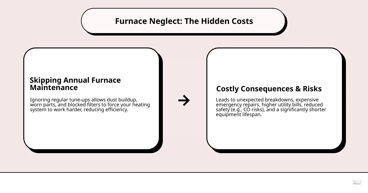 infographic showing the cycle of furnace neglect leading to breakdowns versus regular maintenance leading to safety