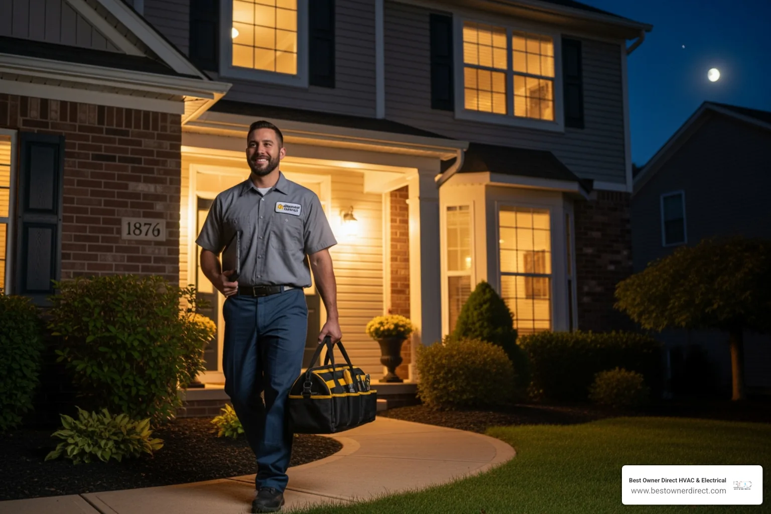 A friendly, professional technician arriving at a home at night with a toolbag, ready to help. - emergency heating service in Beaverton, OR