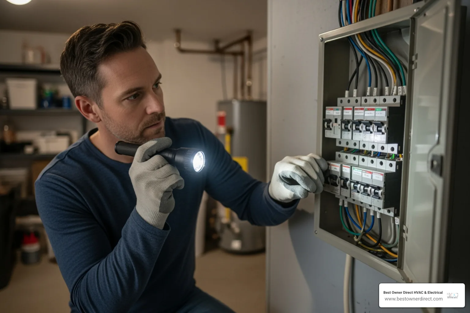 A homeowner safely checking a home's circuit breaker panel with a flashlight. - emergency heating service in Beaverton, OR