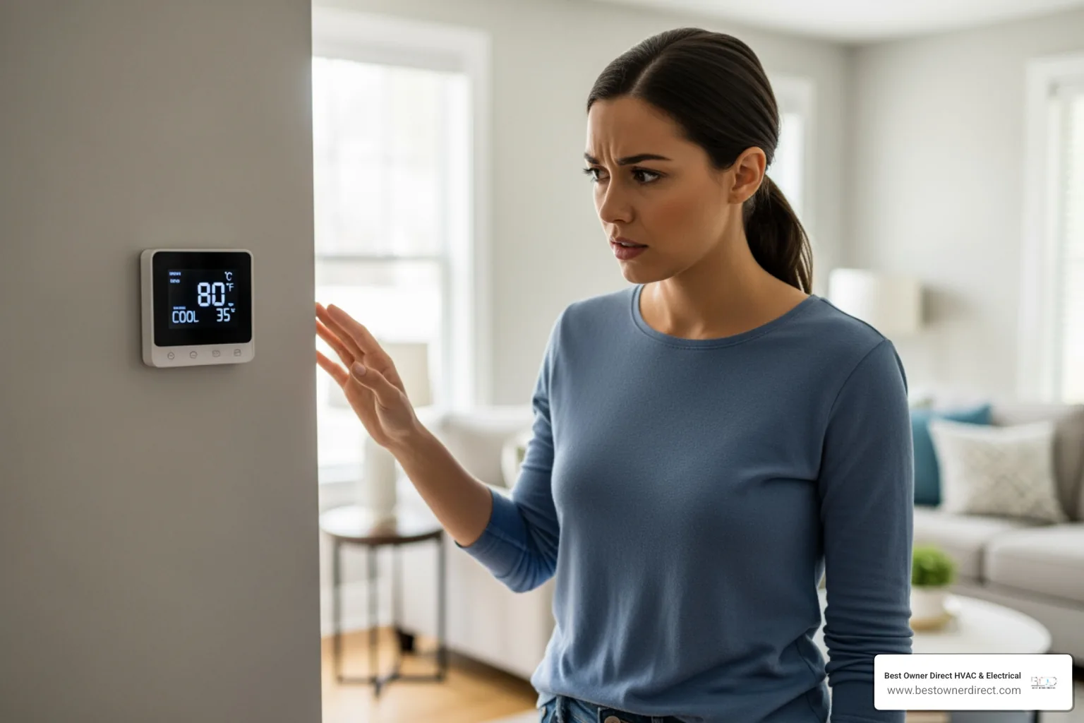 homeowner looking concerned at thermostat - heating best company in tigard or homeowner looking concerned at thermostat - heating best company in tigard or
