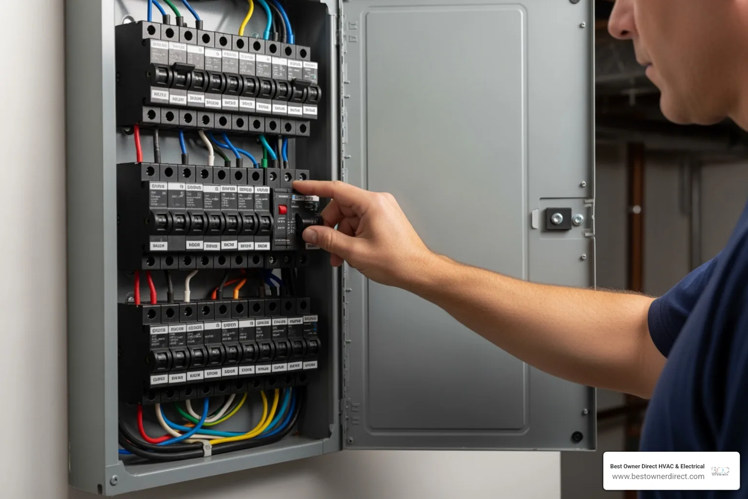 person safely shutting off a circuit breaker - heating emergency repair in hillsboro or
