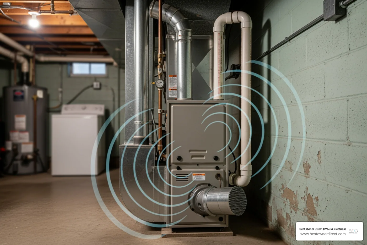 furnace unit with sound wave graphics indicating noise - heating emergency repair in hillsboro or