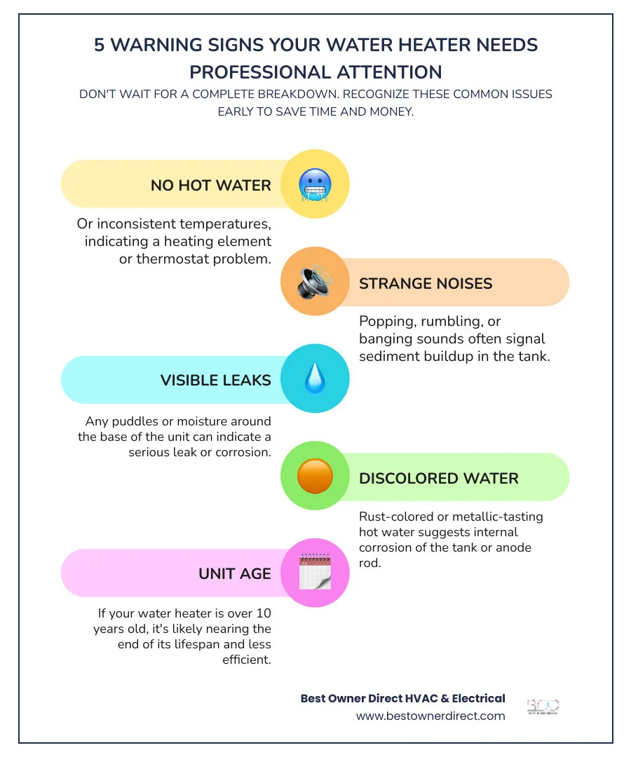 Infographic showing five warning signs your water heater needs professional attention