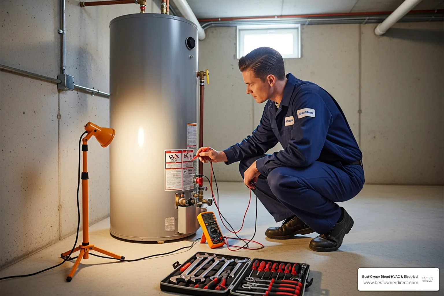 professional technician inspecting a water heater with tools - water heaters repair in tigard or