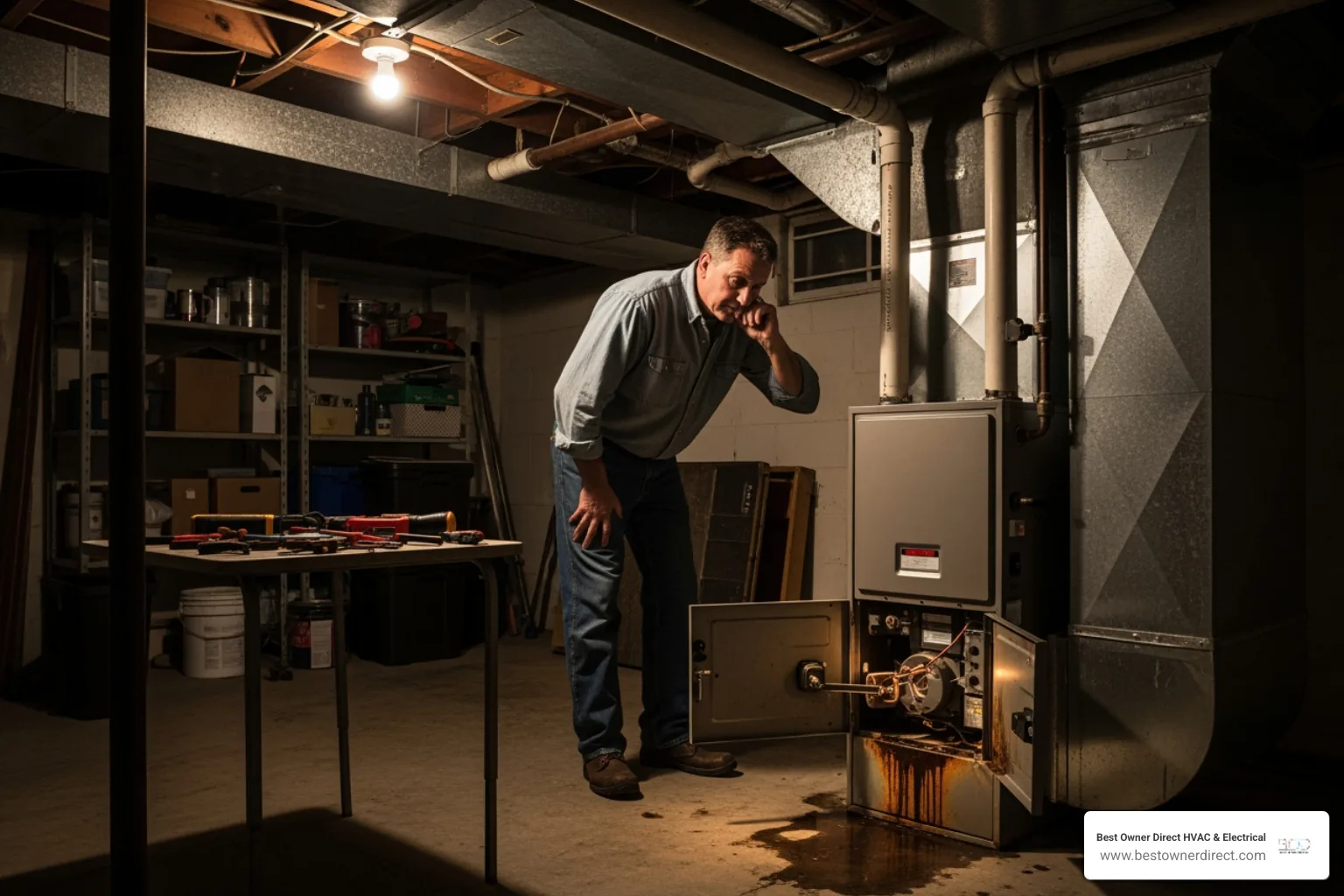 A homeowner looking concerned while observing their furnace, which appears to be malfunctioning - residential furnace maintenance beaverton or