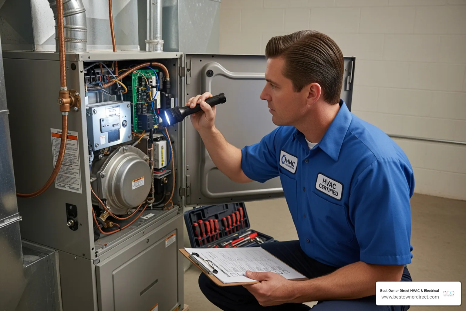 A professional HVAC technician meticulously inspecting the internal components of a residential furnace