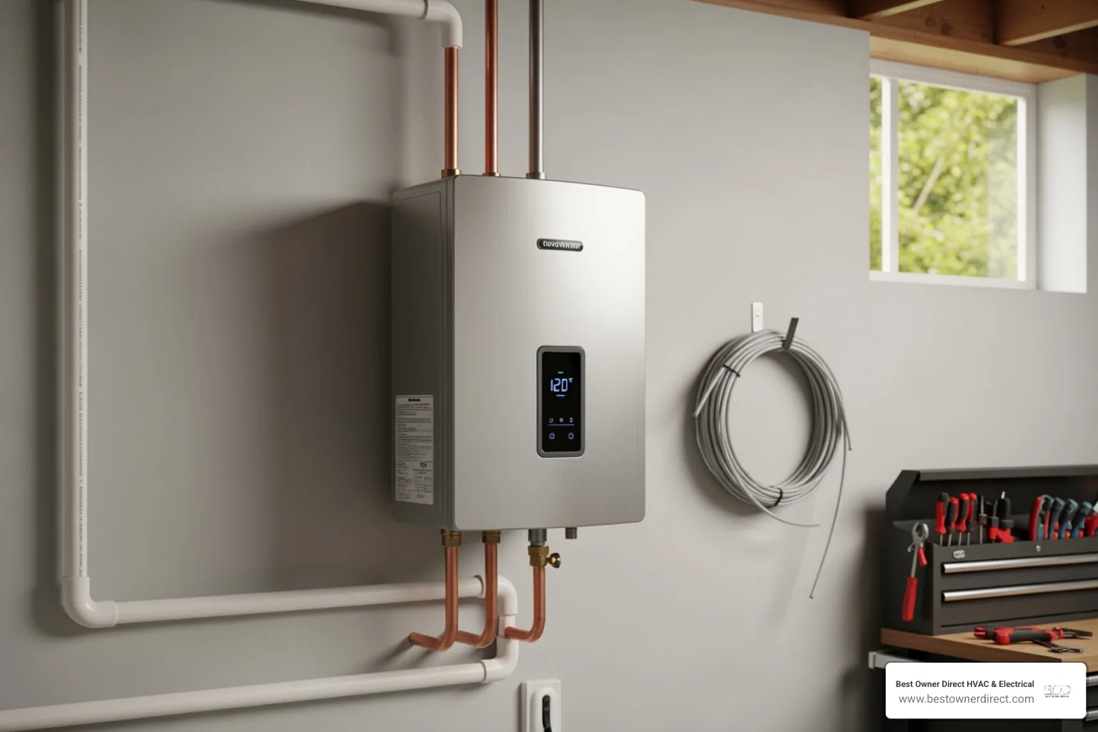Infographic comparing traditional tank water heaters to tankless systems, showing energy efficiency ratings, lifespan