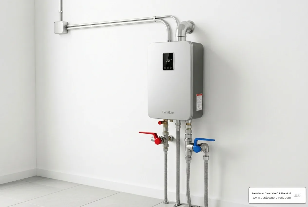 Infographic showing how a commercial tankless water heater provides on-demand hot water