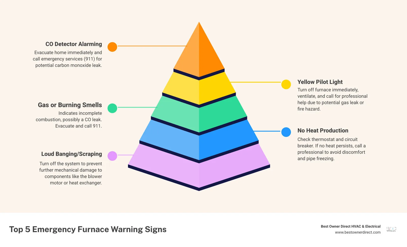 Infographic showing the top 5 warning signs a furnace needs emergency service