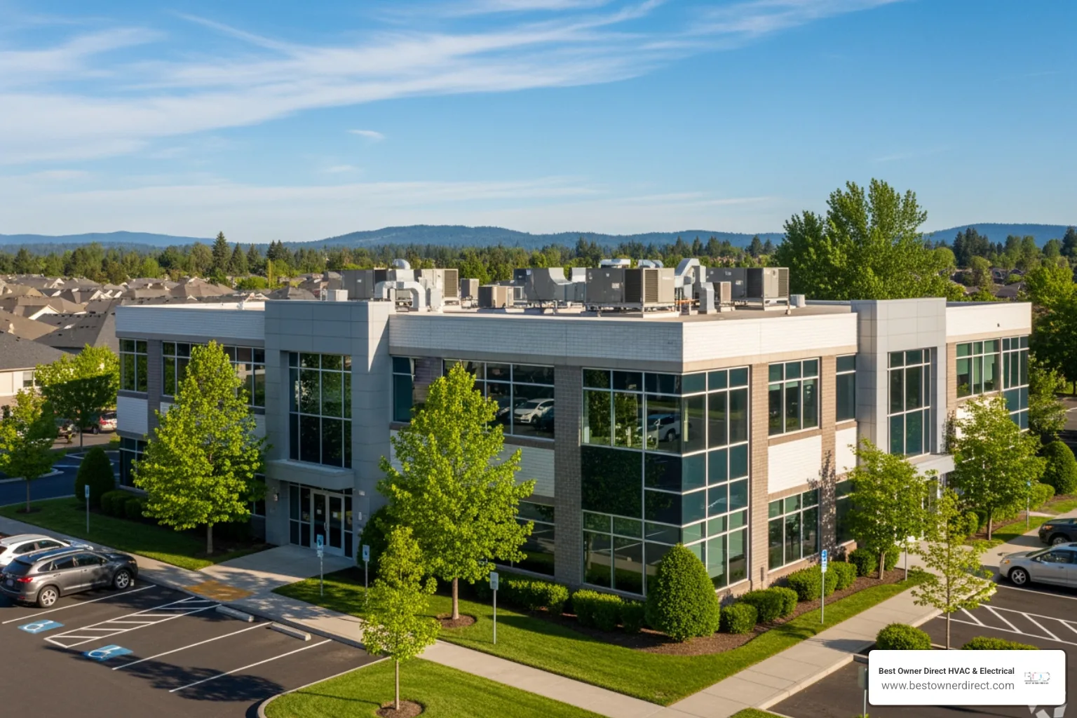A modern commercial building in Cornelius, OR with visible rooftop HVAC units - commercial heat pump repair in cornelius, or