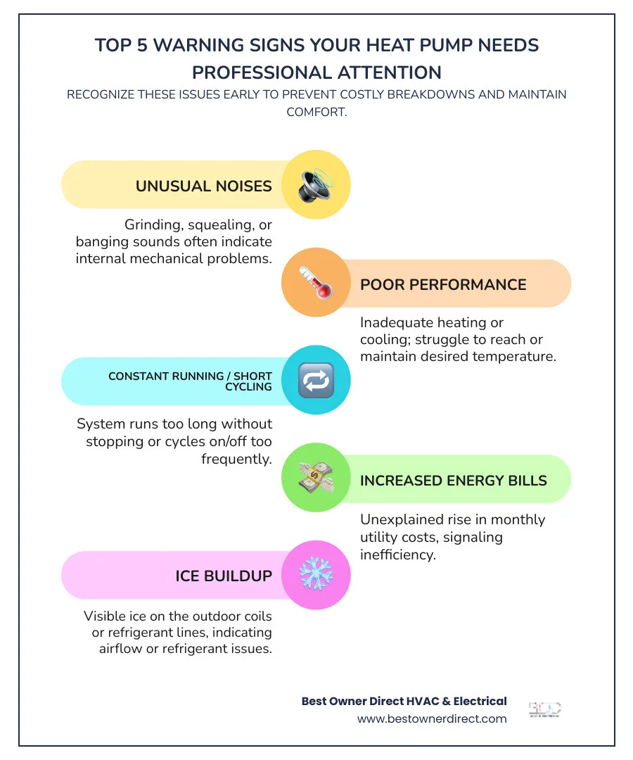 Infographic showing the top 5 warning signs your heat pump needs professional attention