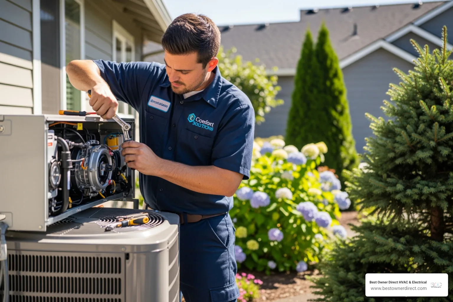 heat pump repair technician working on outdoor unit - best heat pump repair in cornelius, or