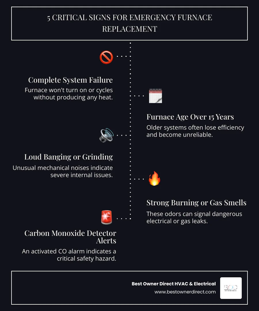 Infographic showing 5 critical warning signs requiring immediate furnace replacement