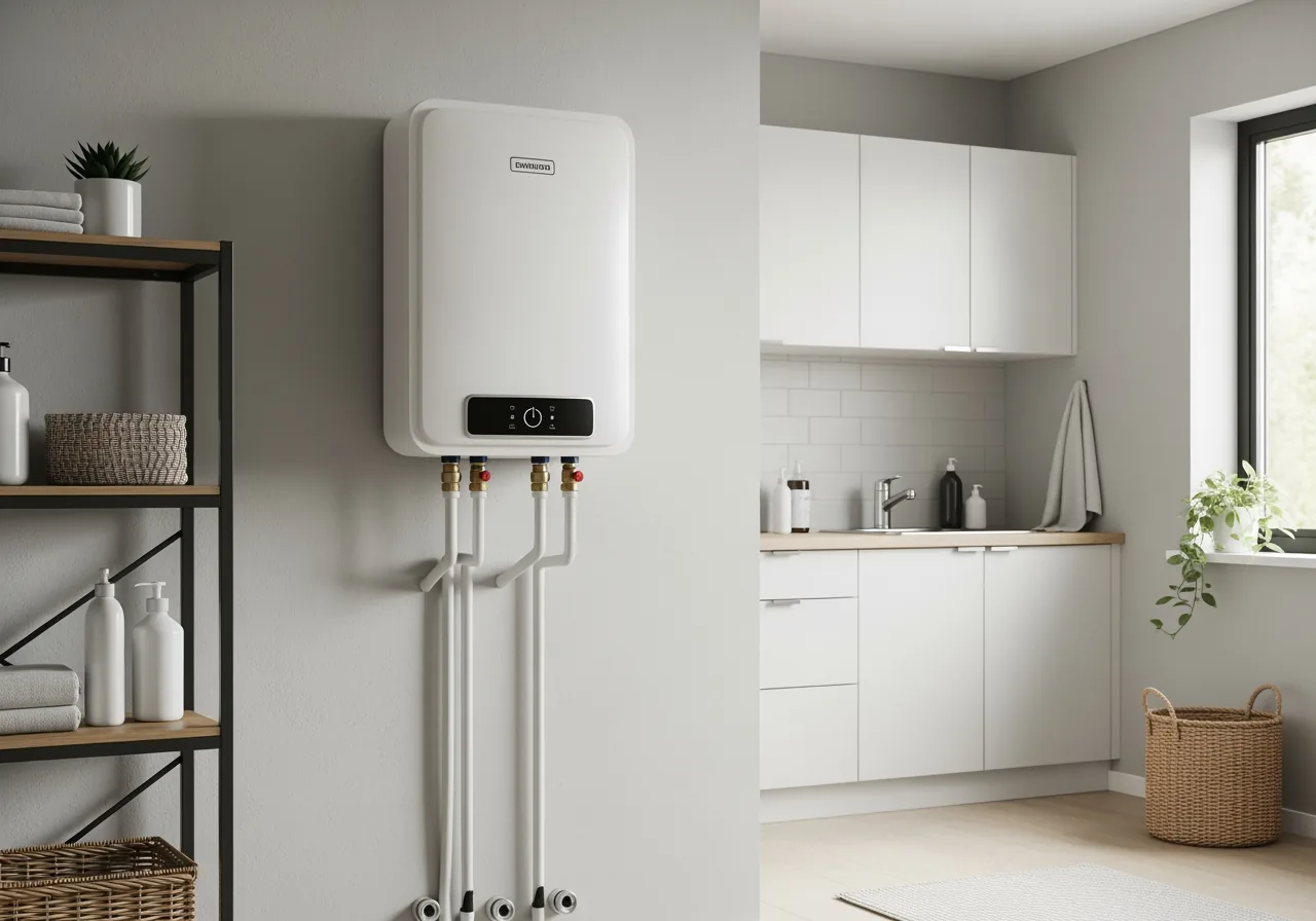 Infographic showing how tankless water heaters deliver instant endless hot water by heating water on demand as it flows
