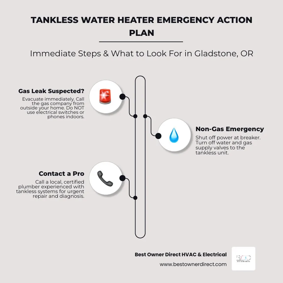 infographic showing immediate emergency steps for tankless water heater failure